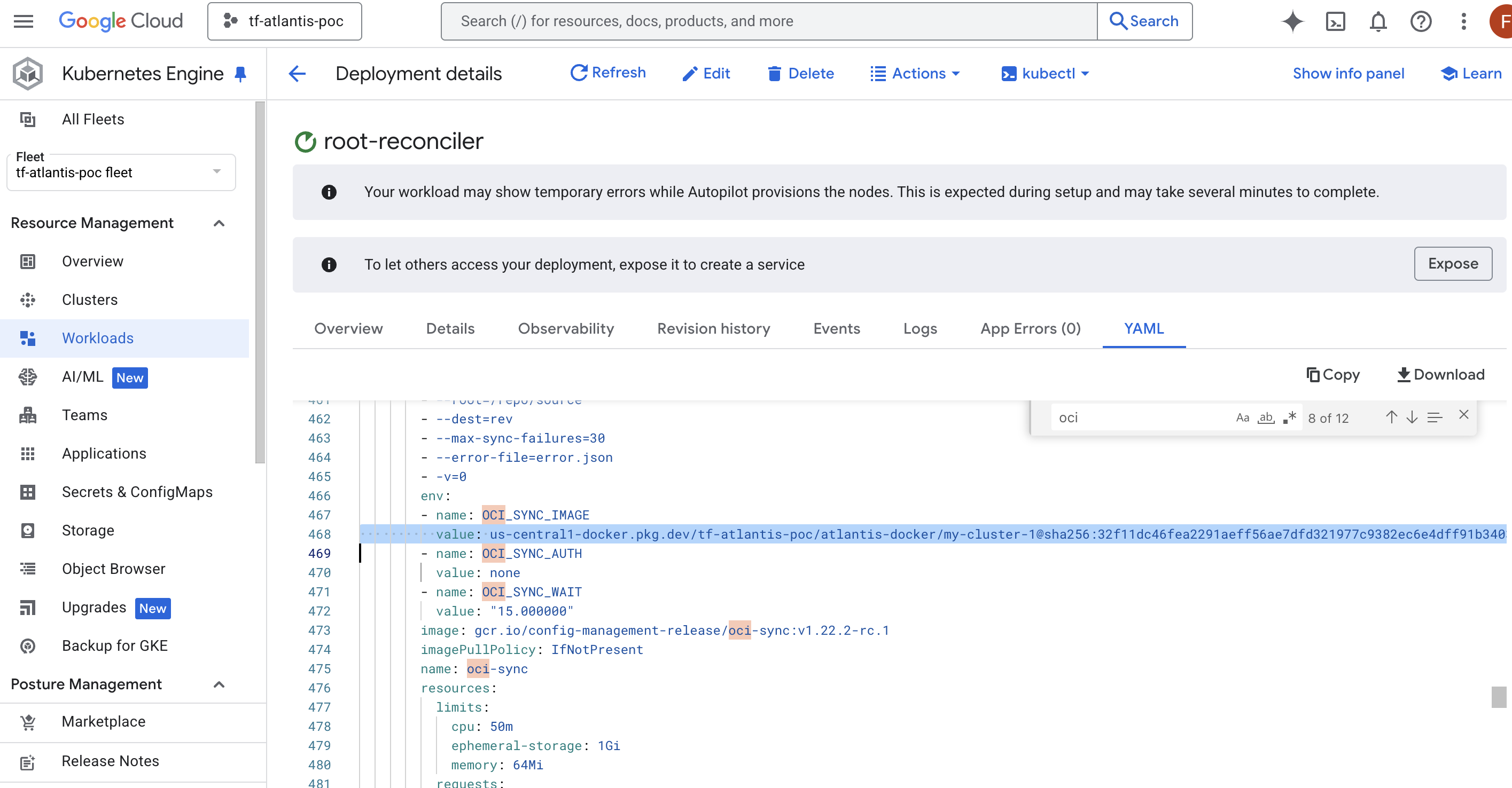 Initial OCI image in cluster